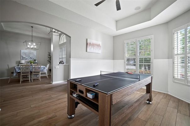 Dining room, Game Room, Interior, Pendant Lights, Wood Texture Flooring
