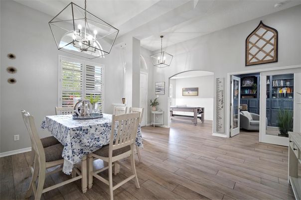 Dining room, Interior, Pendant Lights, Wood Texture Flooring
