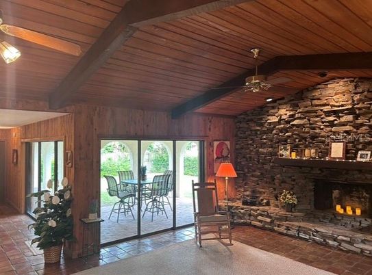 Dining room, Fireplace, Interior, Stone Walls, Wooden Beams, Wooden Ceilings, Wooden Walls