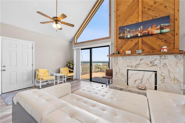 Fireplace, Interior, Living room, Marble Walls, Water, Wood Texture Flooring