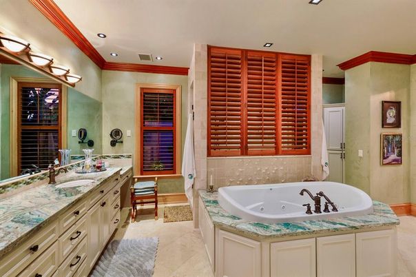 Bathroom, Dual Sink Vanities, Interior, Recessed Lighting, Tile Countertops