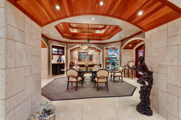 Dining room, Interior, Pendant Lights, Recessed Lighting, Stone Walls, Wooden Ceilings