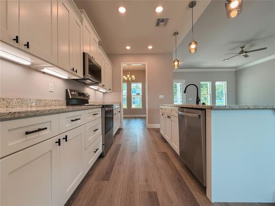 Chandelier, Interior, Kitchen, Pendant Lights, Recessed Lighting, Wood Texture Flooring