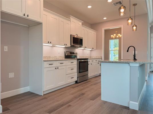 Chandelier, Interior, Kitchen, Pendant Lights, Recessed Lighting, Wood Texture Flooring