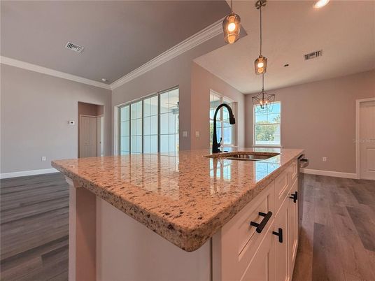 Interior, Kitchen, Pendant Lights, Recessed Lighting, Wood Texture Flooring