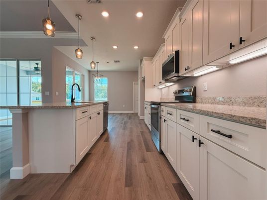 Interior, Kitchen, Pendant Lights, Recessed Lighting, Wood Texture Flooring