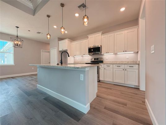 Interior, Kitchen, Pendant Lights, Recessed Lighting, Wood Texture Flooring