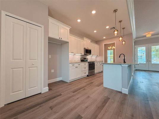 Interior, Kitchen, Pendant Lights, Recessed Lighting, Wood Texture Flooring