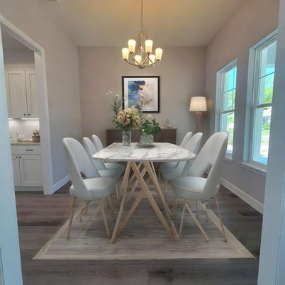 Chandelier, Dining room, Interior, Wood Texture Flooring