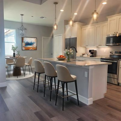 Dining room, Interior, Kitchen, Pendant Lights, Recessed Lighting, Stainless Steel Appliances, Wood Texture Flooring