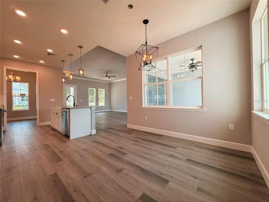 Chandelier, Empty room, Interior, Kitchen, Pendant Lights, Recessed Lighting, Wood Texture Flooring