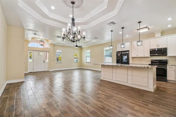 Chandelier, Interior, Kitchen, Pendant Lights, Recessed Lighting, Wood Texture Flooring