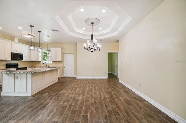 Chandelier, Interior, Kitchen, Pendant Lights, Recessed Lighting, Wood Texture Flooring