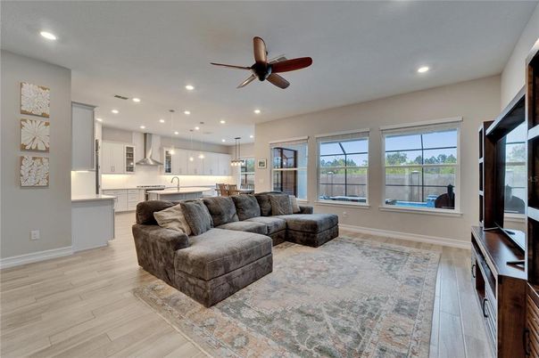 Interior, Kitchen, Living room, Pendant Lights, Recessed Lighting, Wood Texture Flooring