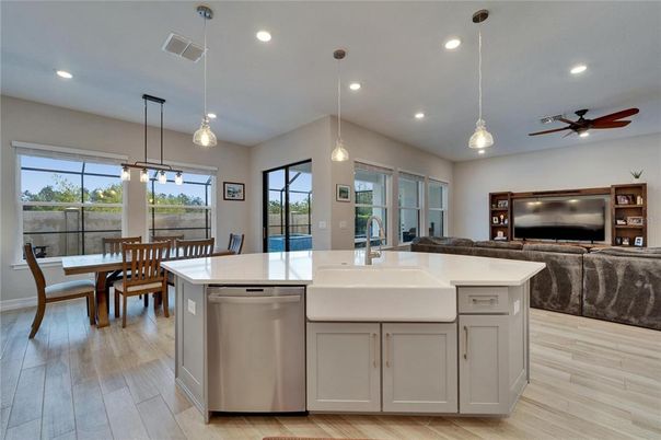Dining room, Interior, Kitchen, Living room, Pendant Lights, Recessed Lighting, Wood Texture Flooring