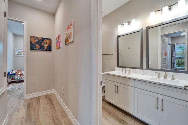 Bathroom, Dual Sink Vanities, Interior, Wood Texture Flooring