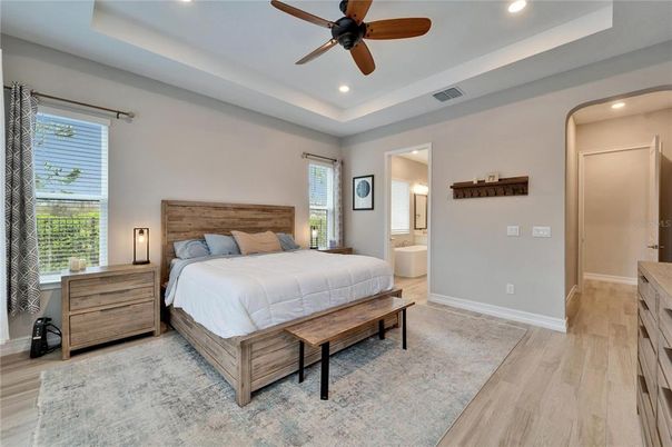 Bedroom, Interior, Recessed Lighting, Wood Texture Flooring