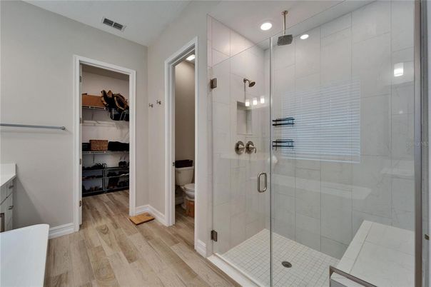 Bathroom, Glass Shower, Interior, Recessed Lighting, Wood Texture Flooring