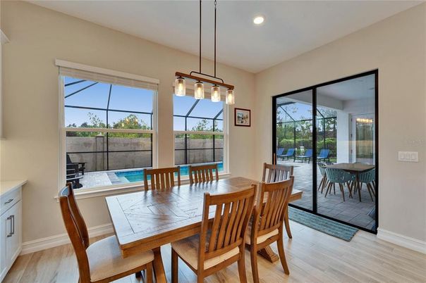 Dining room, Glass Ceilings, Interior, Pendant Lights, Recessed Lighting, Sun Room, Wood Texture Flooring