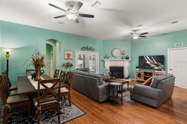 Dining room, Fireplace, Interior, Living room, Wood Texture Flooring