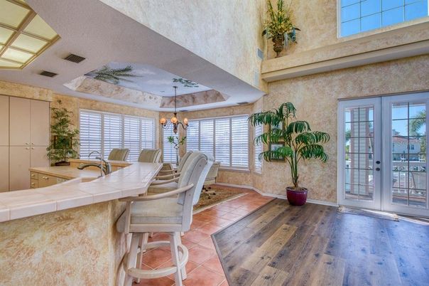 Dining room, Interior, Pendant Lights, Wood Texture Flooring