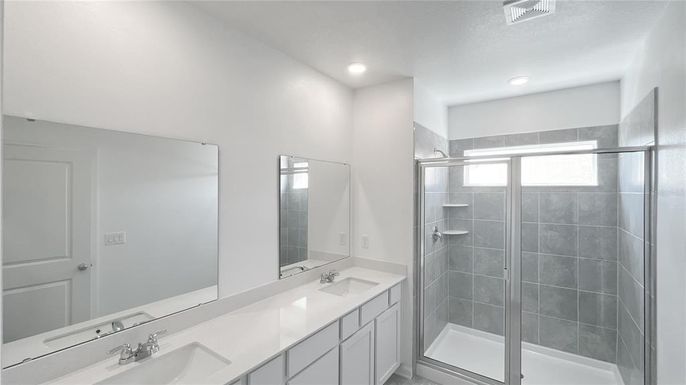 Bathroom, Dual Sink Vanities, Glass Shower, Interior, Recessed Lighting