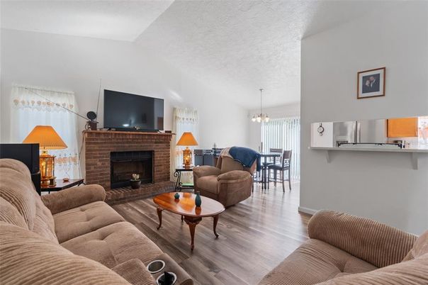 Dining room, Fireplace, Interior, Living room, Pendant Lights, Wood Texture Flooring