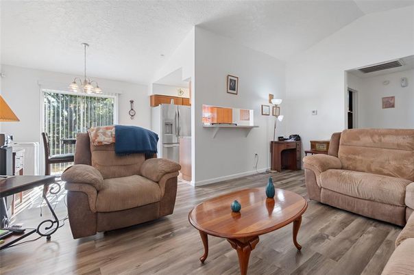 Dining room, Interior, Kitchen, Living room, Pendant Lights, Stainless Steel Appliances, Wood Texture Flooring