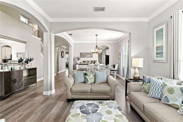 Chandelier, Dining room, Interior, Kitchen, Living room, Pendant Lights, Wood Texture Flooring