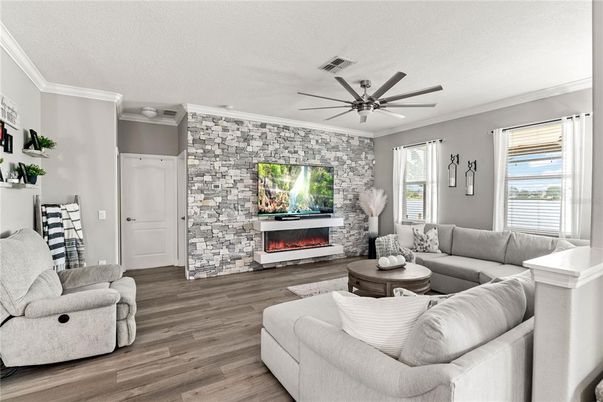 Fireplace, Interior, Living room, Stone Walls, Wood Texture Flooring