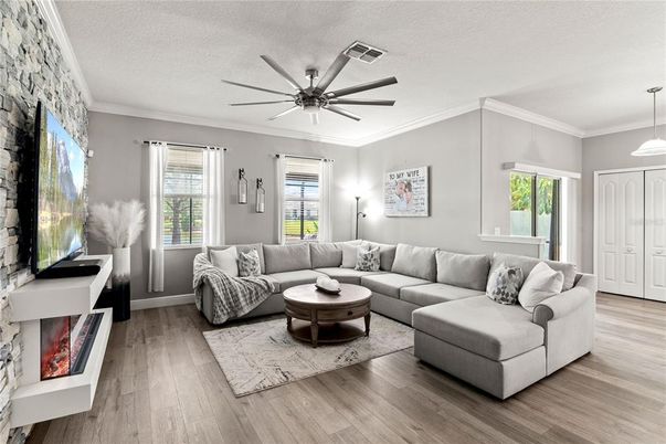 Fireplace, Interior, Living room, Pendant Lights, Stone Walls, Wood Texture Flooring
