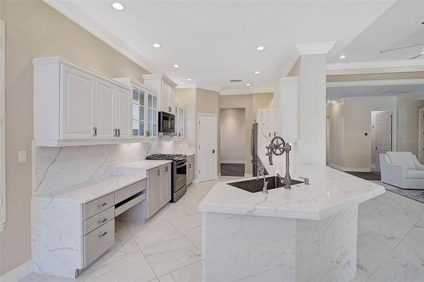 Interior, Kitchen, Marble, Recessed Lighting, Stainless Steel Appliances