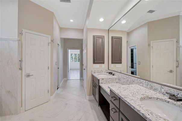 Bathroom, Dual Sink Vanities, Interior, Marble, Recessed Lighting