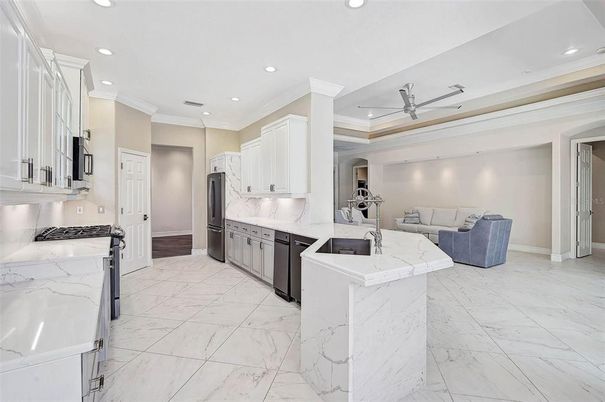 Interior, Kitchen, Living room, Marble, Recessed Lighting, Stainless Steel Appliances