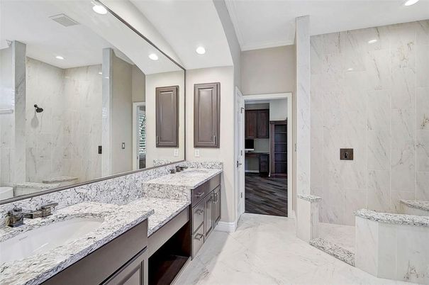 Bathroom, Dual Sink Vanities, Interior, Marble, Marble Walls, Recessed Lighting