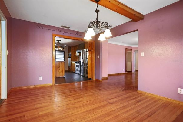 Chandelier, Empty room, Interior, Kitchen, Pendant Lights, Wooden Beams, Wood Texture Flooring