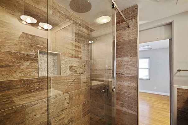 Bathroom, Glass Shower, Interior, Wood Texture Flooring