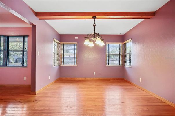 Chandelier, Empty room, Interior, Pendant Lights, Wooden Beams, Wood Texture Flooring