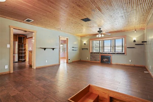 Empty room, Fireplace, Interior, Wooden Ceilings, Wood Texture Flooring
