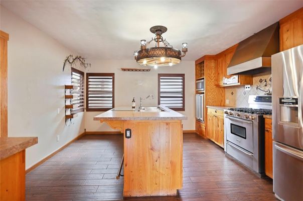 Chandelier, Interior, Kitchen, Stainless Steel Appliances, Wood Texture Flooring