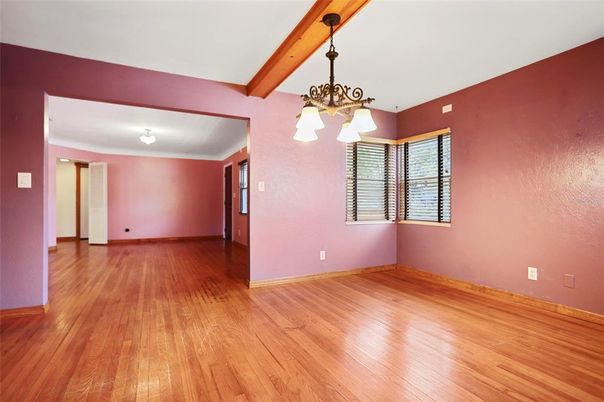 Chandelier, Empty room, Interior, Wooden Beams, Wood Texture Flooring