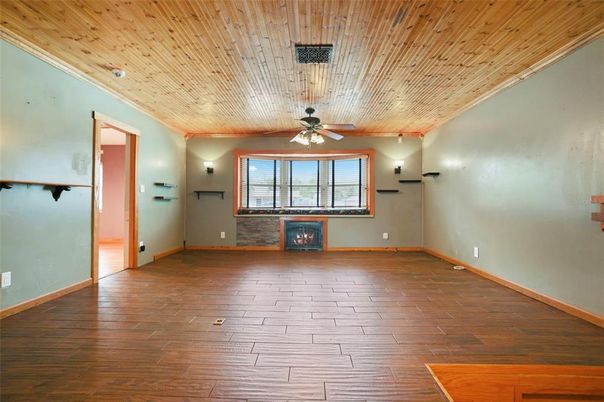 Empty room, Fireplace, Interior, Wooden Ceilings, Wood Texture Flooring