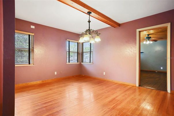 Chandelier, Empty room, Interior, Wooden Beams, Wood Texture Flooring