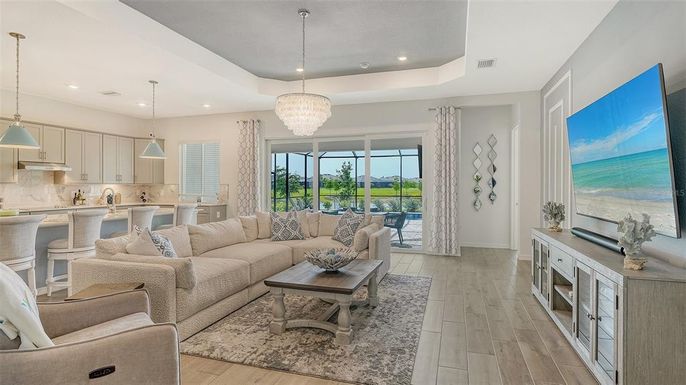 Chandelier, Interior, Kitchen, Living room, Pendant Lights, Recessed Lighting, Wood Texture Flooring