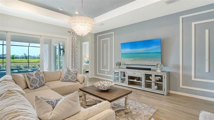 Chandelier, Interior, Living room, Recessed Lighting, Wood Texture Flooring