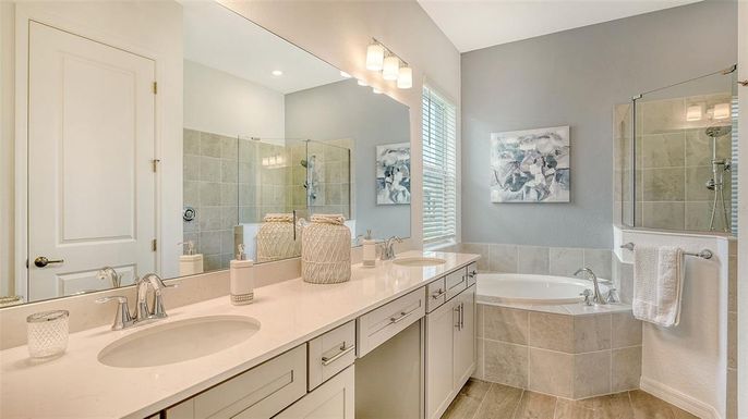 Bathroom, Dual Sink Vanities, Glass Shower, Interior, Recessed Lighting, Wood Texture Flooring