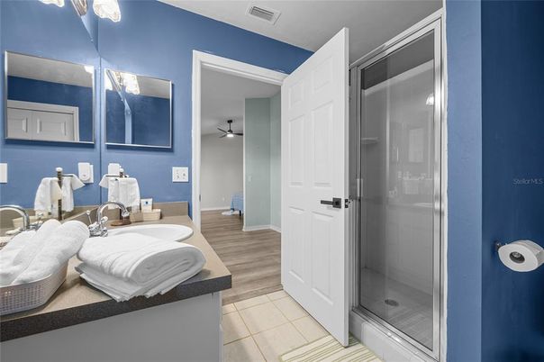 Bathroom, Glass Shower, Interior, Wood Texture Flooring