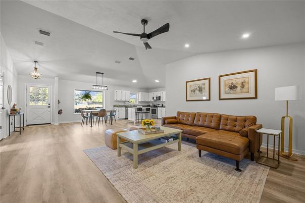 Dining room, Interior, Kitchen, Living room, Pendant Lights, Recessed Lighting, Wood Texture Flooring