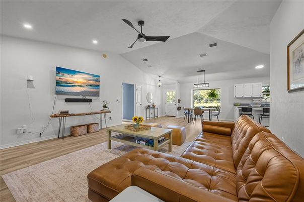Dining room, Interior, Kitchen, Living room, Pendant Lights, Recessed Lighting, Wood Texture Flooring