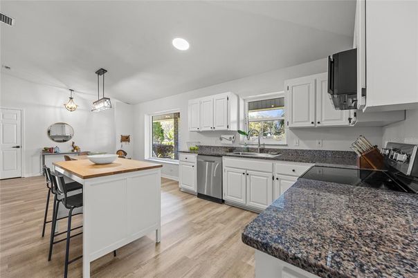 Interior, Kitchen, Pendant Lights, Recessed Lighting, Wood Texture Flooring